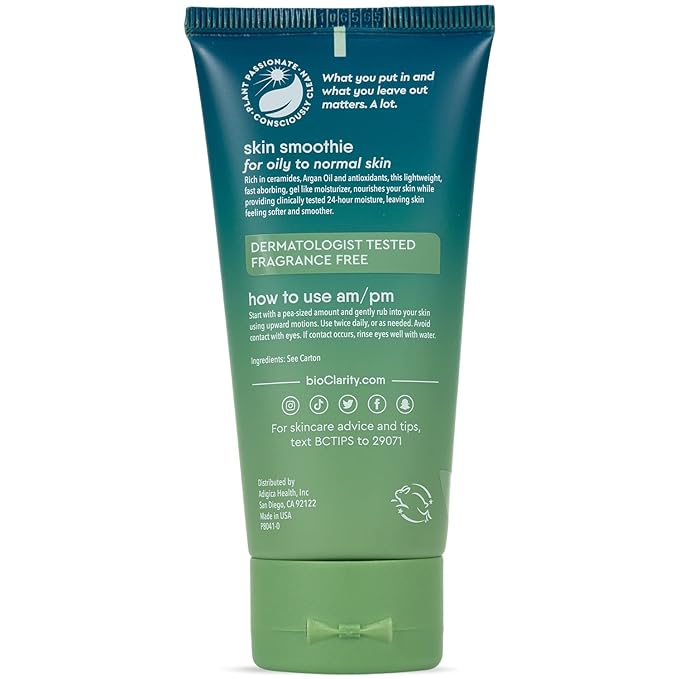 BioClarity Skin Smoothie Gel Moisturizer, 24-Hour Hydration, For Normal & Oily Skin, 100% Vegan Formula, Clean Ingredients with Olive, Argan & Ceramide, 1 fl oz
