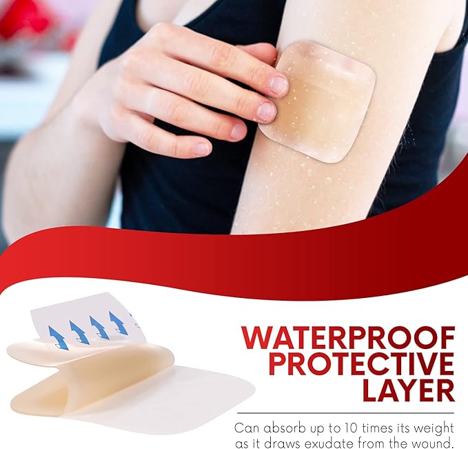 Healqu Hydrocolloid Wound Dressing - 4x4 Thin - Box of 10 Large Bandages - Sterilized Bordered Hydrocolloid Patches for Bed Sores, Abrasions, and More - Waterproof and Absorbent with Protective