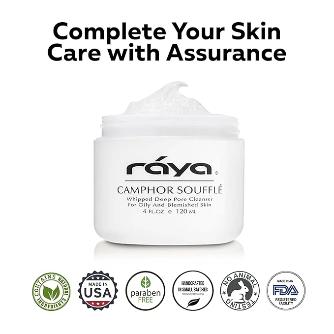 Raya Camphor Soufflé Facial Cleanser (101) - pH-Balanced Blemish Facial Wash for Oily & Break-Out Skin, Blackheads & Whiteheads, Clarify Pores, Refreshing Camphor Formula, Smooth Complexion - 4oz