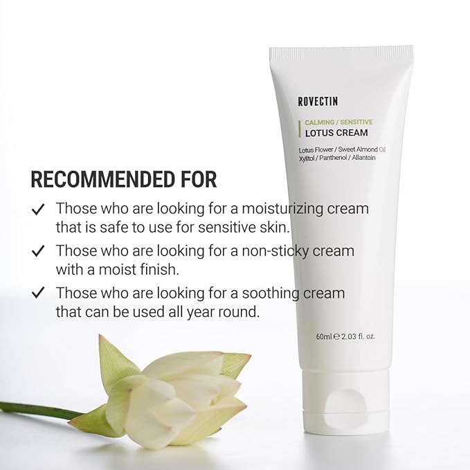 ROVECTIN Calming Lotus Water Cream - Lightweight Moisturizer Face Cream for Oily, Combination Skin | 75% Lotus Water Extract For Skin Purifying, Anti-Aging | Vegan Korean Skincare (2.1 fl.oz, 60ml)