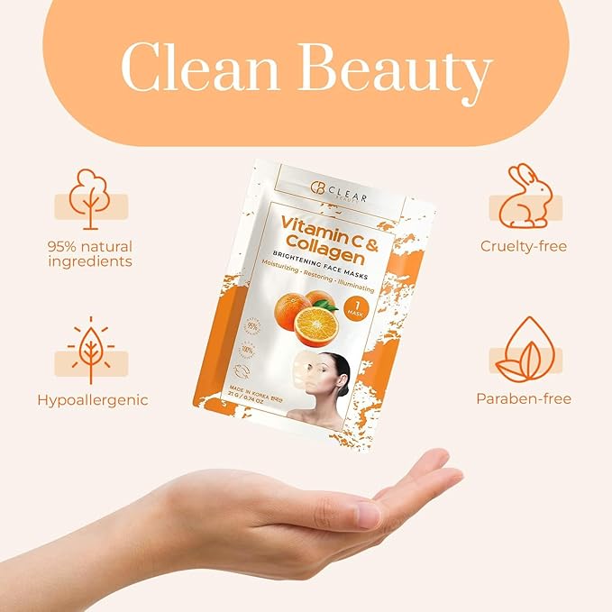 Vitamin C & Collagen Face Mask - Dermatologist Tested - Diminishes Fine Lines & Wrinkles, Anti-Aging, Natural Ingredients, Cruelty-Free Korean Skin Care - All Skin Types