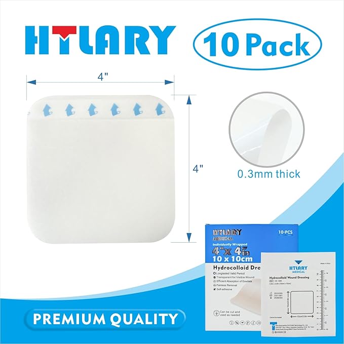 Hydrocolloid Healing Patches, 10 Count Premium 4"x4" Thin Adhesive Bandages for Blisters, Burns, Pressure Sores & Acne Treatment - Sterile Waterproof Cushioning with Extended Wear Technology