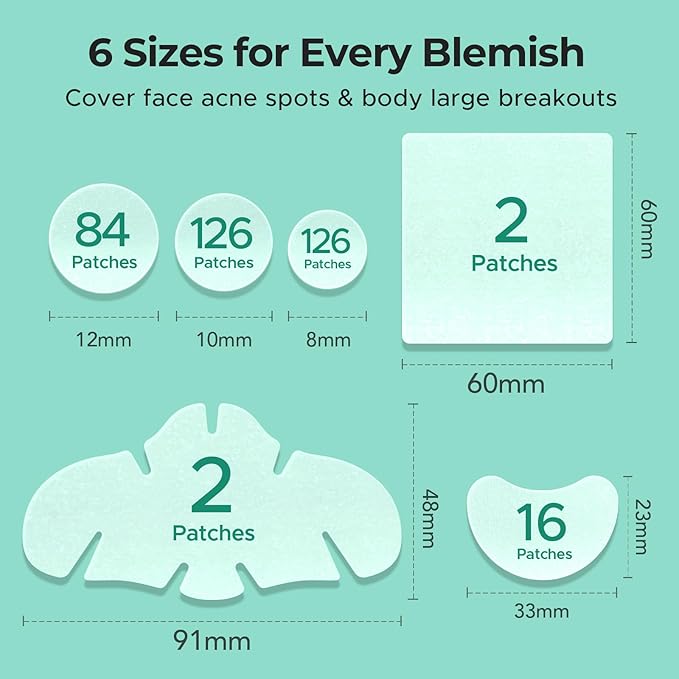 TKTK Pimple Patches for Face, 6 Sizes Hydrocolloid Acne Patch Variety, Large Acne Stickers for Cheeks, Forehead, Chin, Nose, Back Blemishes Zit Breakouts (4 Shapes 356 Count)