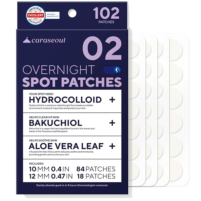 caraseoul Overnight Pimple Patches, Thicker & Extra Adhesion, 2 Size Hydrocolloid Acne Patch for Zits and Blemishes, Bakuchiol & Aloe Vera, Korean Skin Care, Easy to Use – Dermatology Tested
