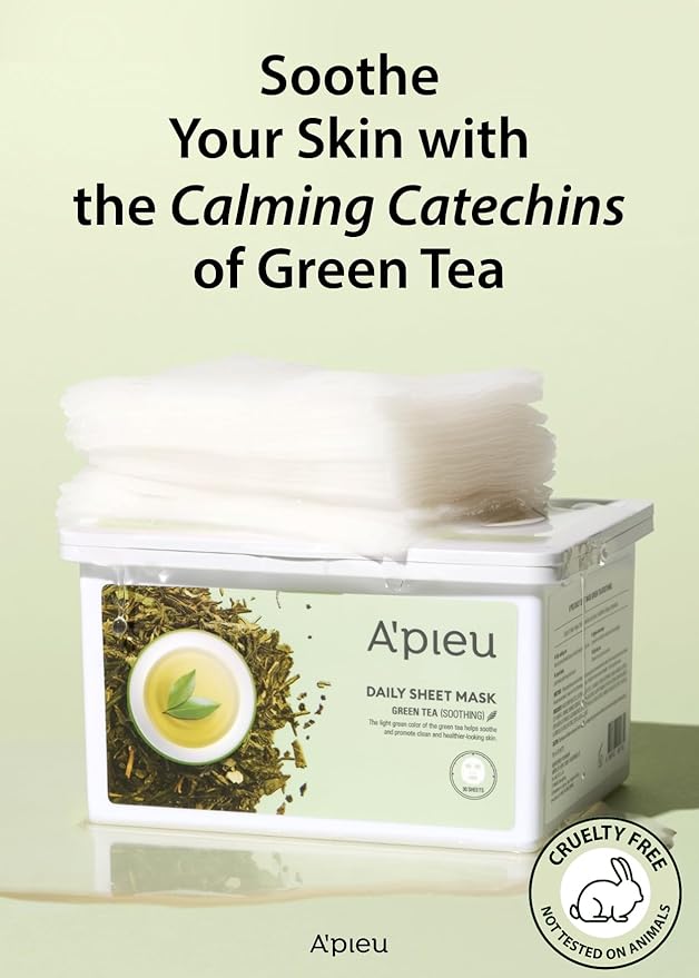 A'PIEU Daily Sheet Mask (Green Tea) - Moisturizing Korean Face Masks, 30-day supply, Lyocell fabric for comfort, Saturated with Green Tea Extract Essence