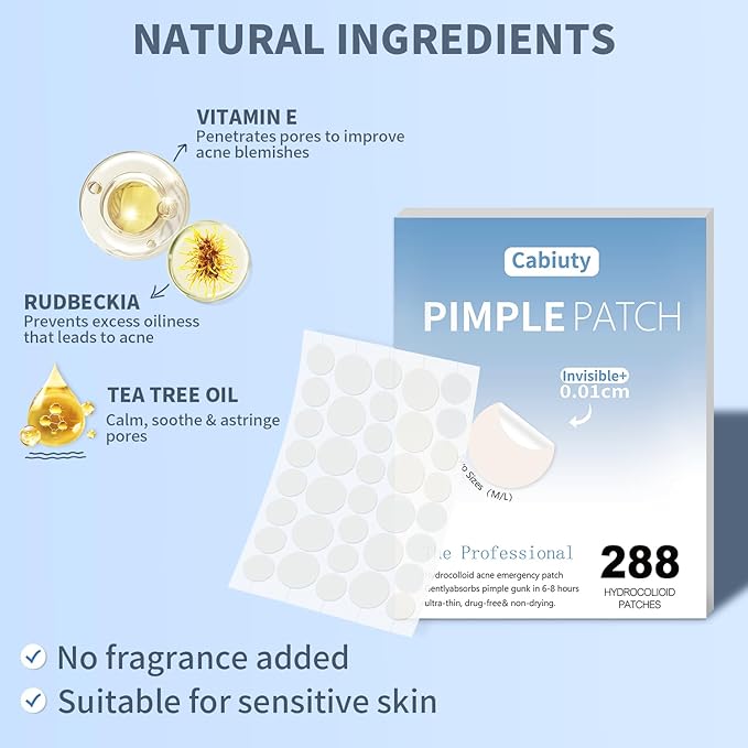 288 Counts Pimple Patches for Face, Hydrocolloid Acne Patches for Covering Zits and Blemishes, 2 Sizes of Ultra-Thin Spot Patch for All Skin Types