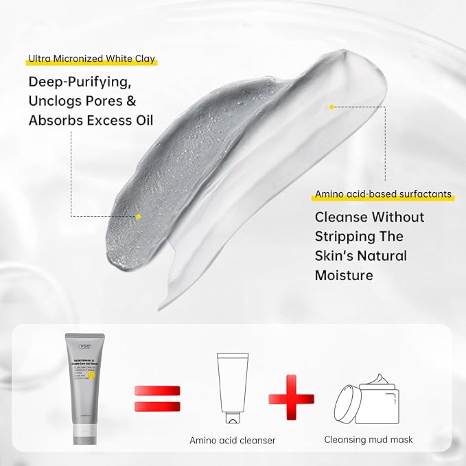 VGO Facial Cleanser, Daily Face Wash for Deep Pore Cleanser and Makeup Remover for Sensitive Oily Skin, Double Tube Design with Hyaluronic Acid, 3.52 Oz