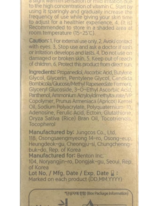 BENTON Vitamin C Serum - Korean Skin Care, White Serum for Face with 20% Pure Vitamin C, Skin Texture & Elasticity Care, Face Moisturizer for All Skin Types(1.01 fl. Oz.)