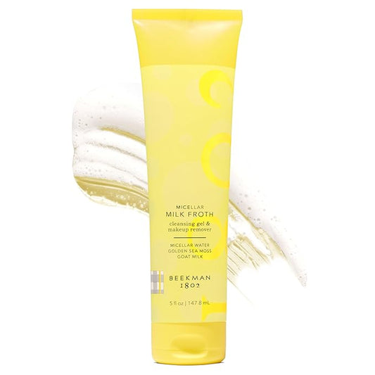 Beekman 1802 Micellar Milk Froth Cleansing Gel - Gently Cleanses & Removes Makeup - Double-Cleanse in 1 - Goat Milk & Golden Sea Moss - Fragrance Free - 5.0 fl. oz - Cruelty Free - Sensitive Skin Safe