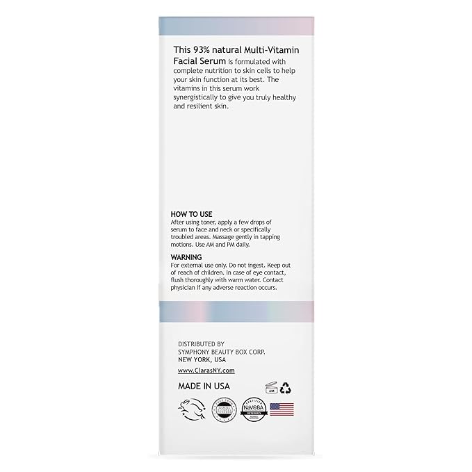 CLARA'S NEW YORK Multi Vitamin Facial Serum with Vitamins B, C, E, K – Antioxidant Hydrating, Redness Calming, Sebum Control – Lightweight, Non-Greasy, 30ml / 1 fl oz, Made in USA