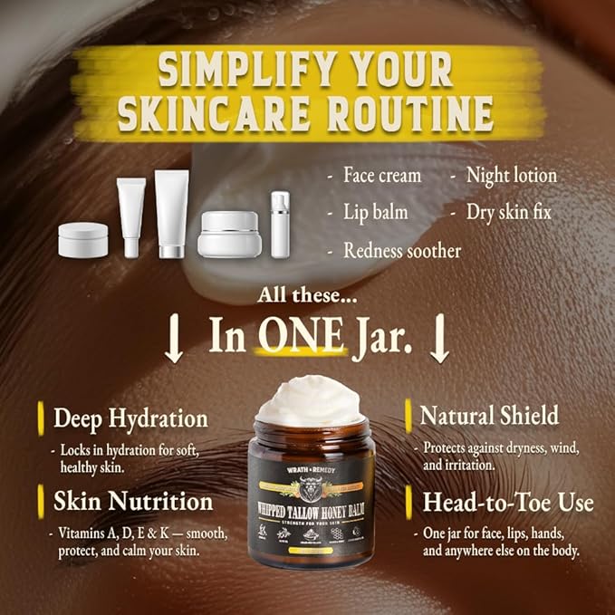 Wrath & Remedy Handmade Whipped Organic Beef Tallow for Skin - 4 OZ (Citrus) — Grass Fed Beef Tallow Moisturizer and Honey Balm for Silky, Sensitive-Skin, Eczema, Rosacea - Free of Harsh Chemicals