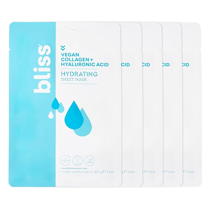 Bliss Hyaluronic Acid + Vegan Collagen Sheet Mask to Hydrate & Plump Skin, Cruelty-Free, Vegan and 100% Biodegradable, 5 pack