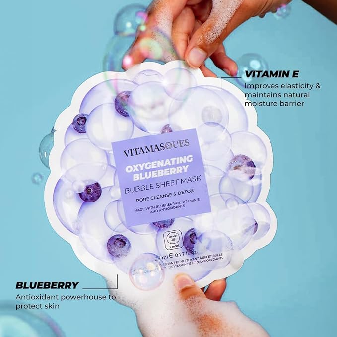 Vitamasques Blueberry Oxygenating Bubble Face Mask, Pore Cleanse and Detox, Deeply cleansing action, with bubbling fun (Pack of 3)