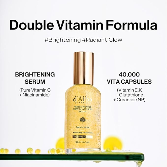 d'alba Piedmont White Truffle Oil Capsule Serum, Daily Vita Boost for Luminous Skin, Double Vitamin Formula, Big Size (3.38fl. oz.)
