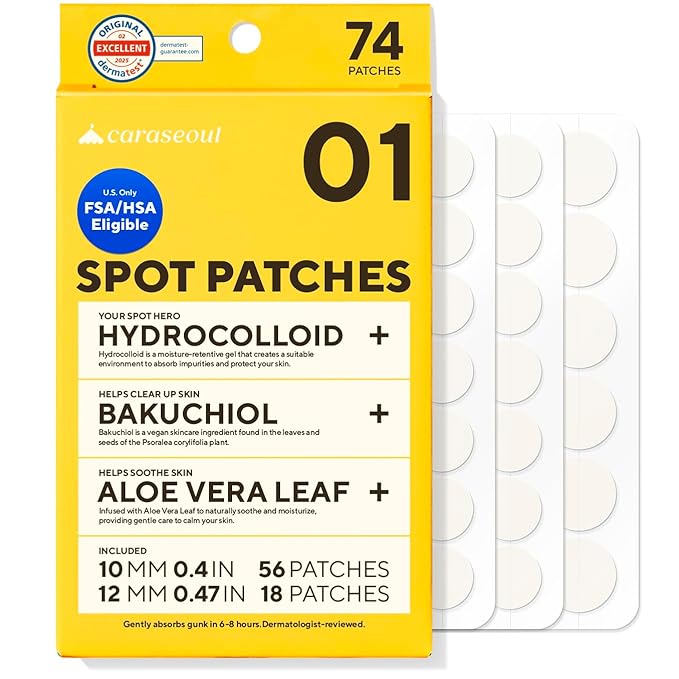 caraseoul Pimple Patches, 2 Size Hydrocolloid Acne Patch for Zits and Blemishes, Bakuchiol & Aloe Vera, Korean Skin Care, Easy to Use – Dermatology Tested