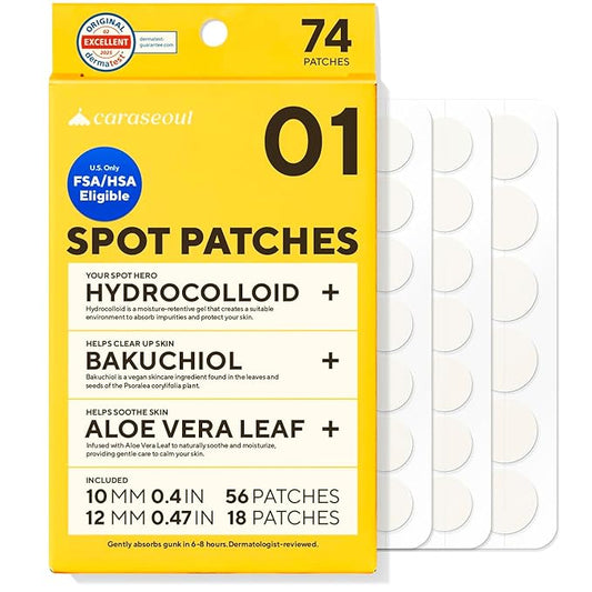 caraseoul Pimple Patches, 2 Size Hydrocolloid Acne Patch for Zits and Blemishes, Bakuchiol & Aloe Vera, Korean Skin Care, Easy to Use – Dermatology Tested