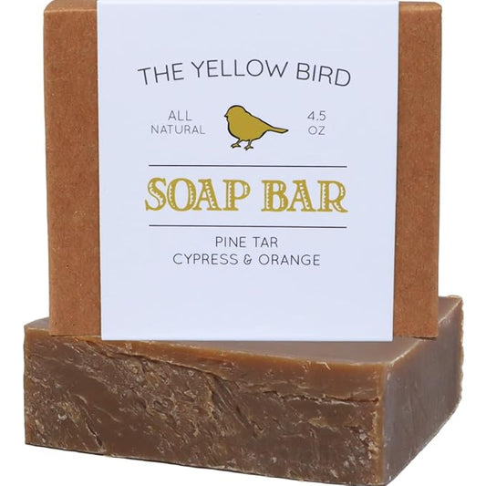 The Yellow Bird Pine Tar Soap Bar – Natural Handmade Face & Body Wash for Men & Women – Moisturizing Cleanser with Shea Butter, Olive & Coconut Oils, and Woodsy Essential Oil Blend (Made in USA)
