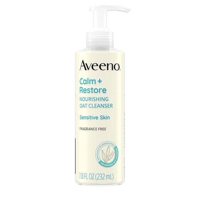 Aveeno Calm + Restore Nourishing Oat Cleanser, Daily Hydrating Facial Cleanser & Face Wash for Sensitive Skin, Non-Foaming, Hypoallergenic, Non-Comedogenic, Fragrance-Free, 7.8 Fl Oz
