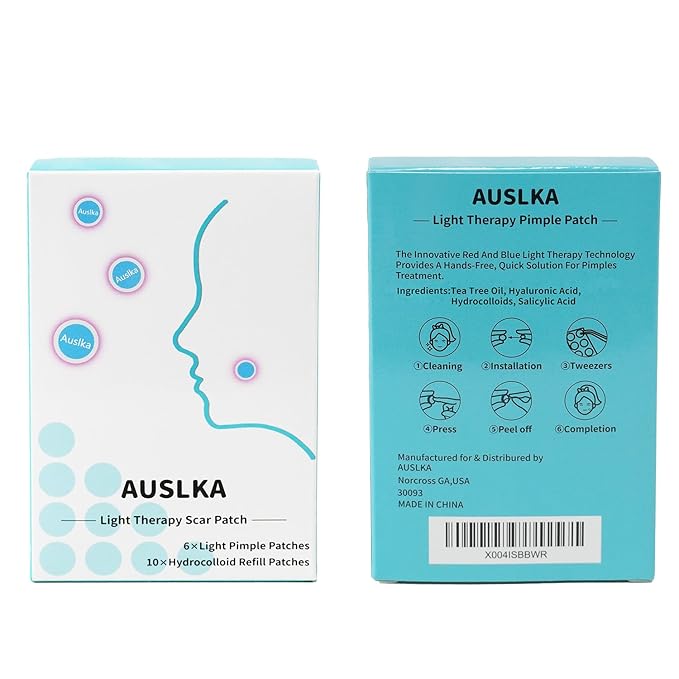 AUSLKA Light Therapy Pimple Patch, LED Red and Blue Light Hydrocolloid Zit Patches, Spot Dots for Blemishe, 6-Packs, Use 6-8 hours (Blue, Eliminate Pimple Patch)