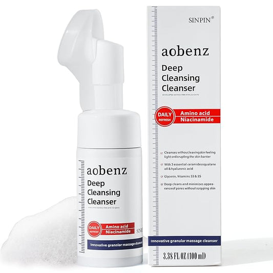SINPIN aobenz Gentle Face Cleanser with Scrubber - Foaming Facial Cleanser for Dry, Sensitive, Oily, Acne Skin | Natural Face Wash for Women & Men, Niacinamide & Hyaluronic Acid | Hydrating, 3.38 FL