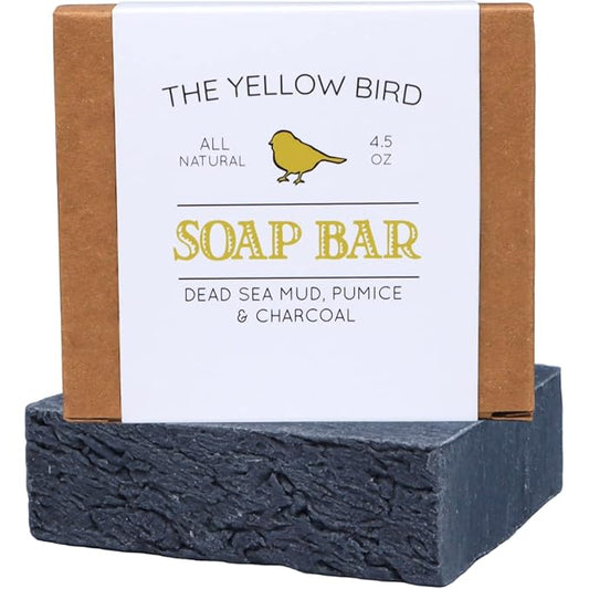 The Yellow Bird Dead Sea Mud Soap Bar - With Exfoliating Pumice Scrub & Detoxifying Charcoal. Organic & Natural Essential Oils. Made in USA for Men and Women. Face, Hand, Body Soap