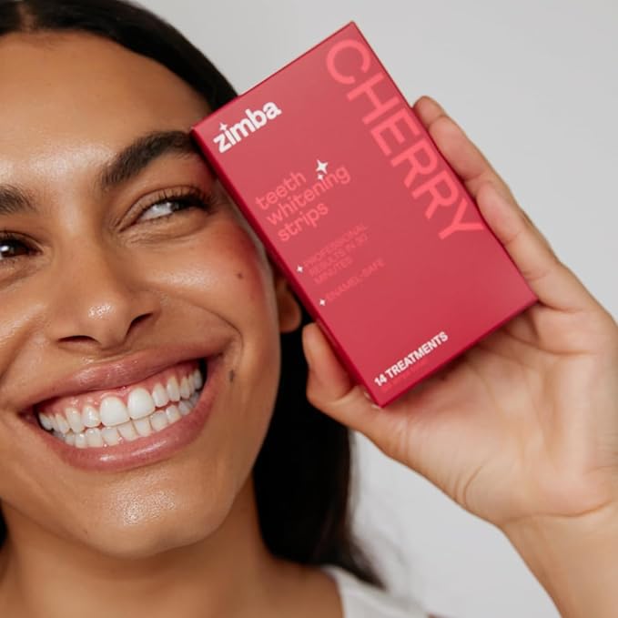 New Zimba Cherry Flavored Teeth Whitening Strips | Vegan, Enamel Safe Hydrogen Peroxide Teeth Whitener for Coffee, Wine, Tobacco, and Other Stains | 14 Day Treatment | Cherry