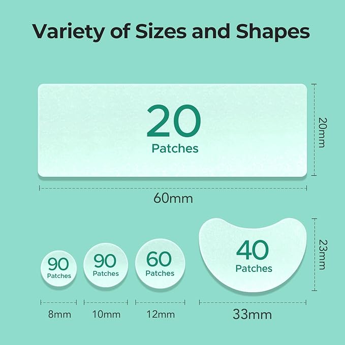 TKTK Large Pimple Patches for Face, XL Acne Patches 60 x 20 mm, Big Hydrocolloid Bandages for Body, Forehead, Chin, Neck Zit Breakouts, Hydrocolloid Patch (Strip, Contoured, Dot 5 Sizes 300 Count)