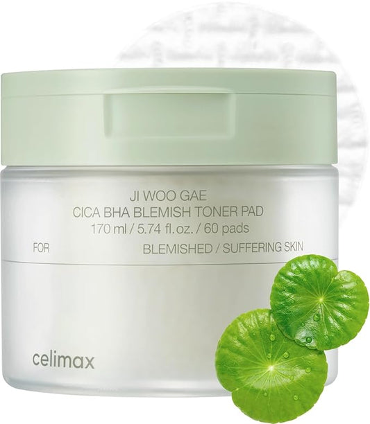 celimax Ji.Woo.Gae CICA BHA Blemish Toner Pad | BHA PHA LHA Complex, Centella Asiatica Extract, Hydrating, Moisturizing, Soothing, Reparing, (60 Pads)