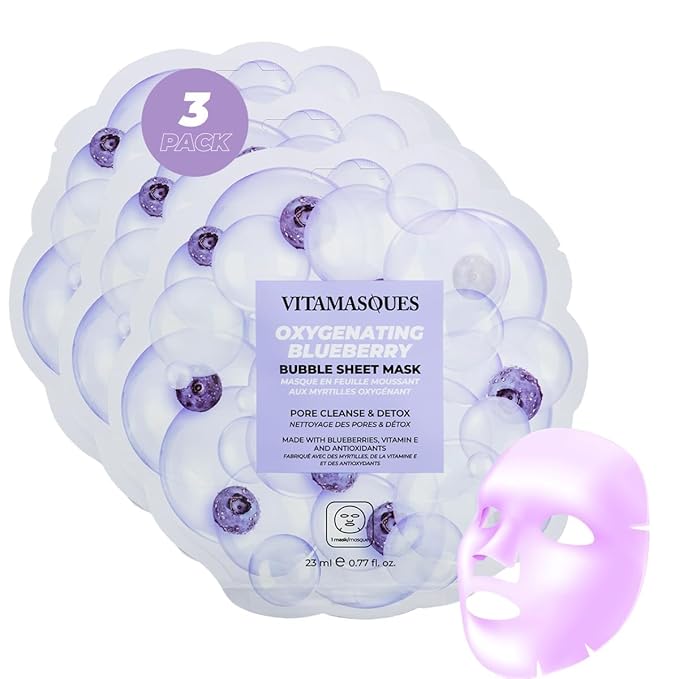Vitamasques Blueberry Oxygenating Bubble Face Mask, Pore Cleanse and Detox, Deeply cleansing action, with bubbling fun (Pack of 3)