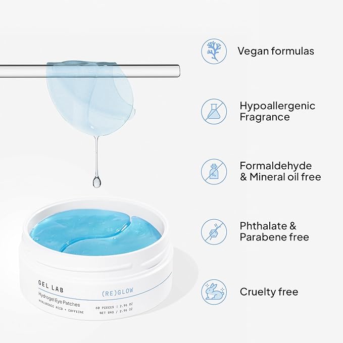 REGLOW Hyaluronic Acid & Caffeine Korean Skincare Eye Patches for Puffy Eyes, Dark Circles, and Wrinkles - Hydrating Under Eye Mask - 60 Gel Patches