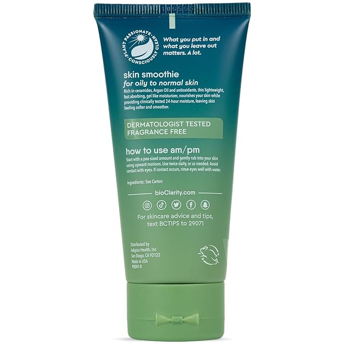BioClarity Skin Smoothie 24-Hour Gel Moisturizer for Normal & Oily Skin Types, 100% Vegan, Clean Ingredients, with Olive, Argan & Ceramide, 2 fl oz, Pack of 3