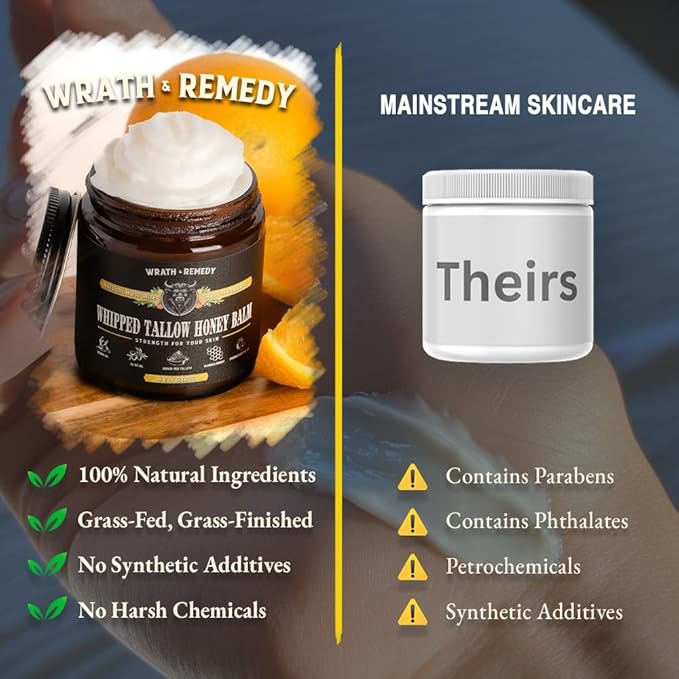 Wrath & Remedy Handmade Whipped Organic Beef Tallow for Skin - 4 OZ (Citrus) — Grass Fed Beef Tallow Moisturizer and Honey Balm for Silky, Sensitive-Skin, Eczema, Rosacea - Free of Harsh Chemicals
