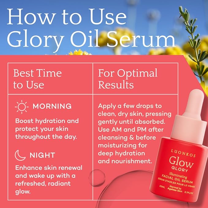 Glory Oil Face Serum 20ml – Brightening & Moisturizing Serum for Normal & Aging Skin, Nourishing Plant-Based Formula for Radiant, Hydrated Skin – Day & Night Use