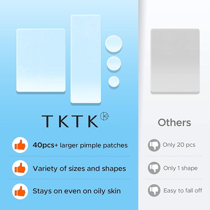TKTK Large Pimple Patches (5 Sizes, 92 Patches), Hydrocolloid Acne Patches, XL Zit Patches for Face, Forehead, Chin, Nose, Body, Back, Chest, Rectangular, Square, and Dot Hydrocolloid Bandages