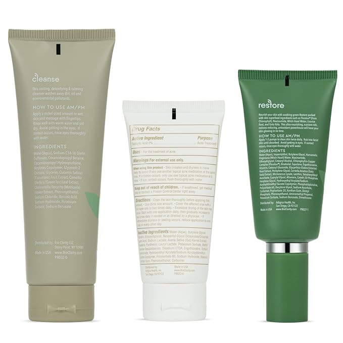 BioClarity 3-Step Acne Routine, Full Size, for Oily or Acne-Prone Skin, Clean Vegan Ingredients, Includes Cleanser, Salicylic Acid Acne Treatment Gel, Restorative Green Gel