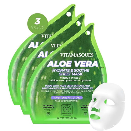 Vitamasques Aloe Vera Face Sheet Mask, Hydrating + Soothing, Sheet Mask Combined to Repair and Nourish the Facial skin (Pack of 3)