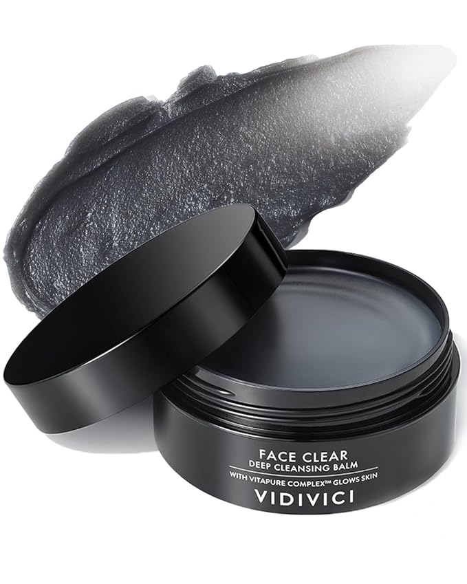 VIDIVICI Face Clear Deep Cleansing Balm - Silky Black Sorbet Texture, Oak Charcoal Infused, Single-Step Makeup Removal, Moisturizes & Brightens Skin, Hypoallergenic Sebum/Keratin Care, 3.38oz.