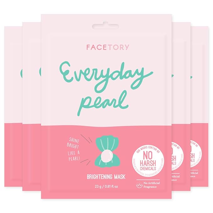 FACETORY K Beauty Face Mask Skin Care - Everyday PEARL Brightening Sheet Mask | Plant-Based with Pearl Essence (5 Pack)
