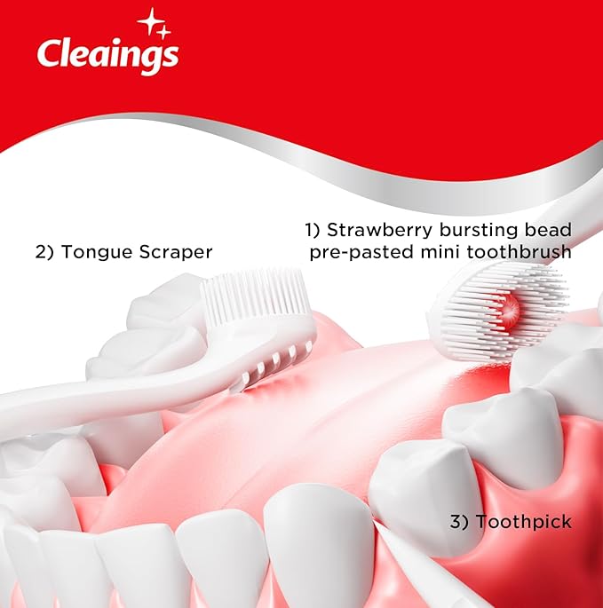 cleaings® Disposable Toothbrushes with Toothpaste Mini Travel Oral Care, 4-in-1 (Mini Brushes+Toothpaste+Tongue Scraper+Pick) Portable for Work,Camping Essentials(Strawberry), 24 Count (Pack of 1)