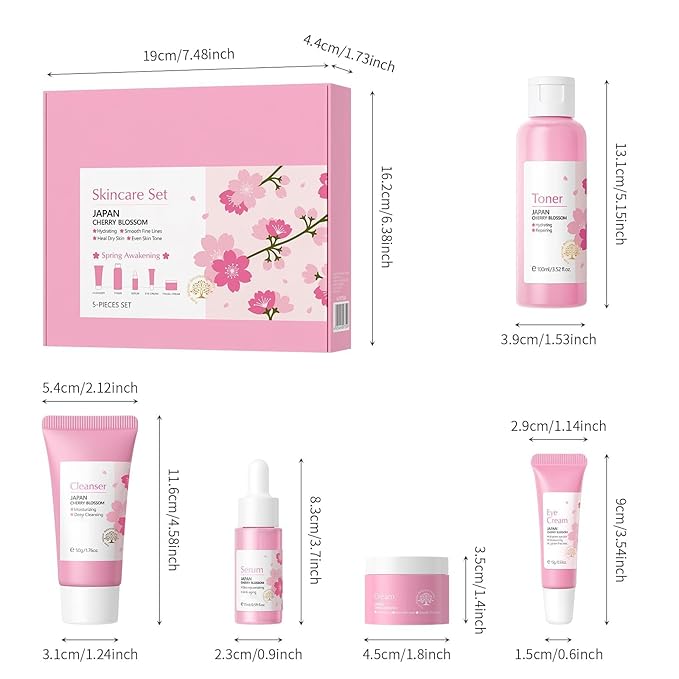 Cherry Blossoms Skin Care Sets, 5 PCS Routine Facial Skin Care for Women Teens Girls, Beauty Gifts Sets, Glow Up, Moisturizing, Even Skin Tone, for All Skin Type