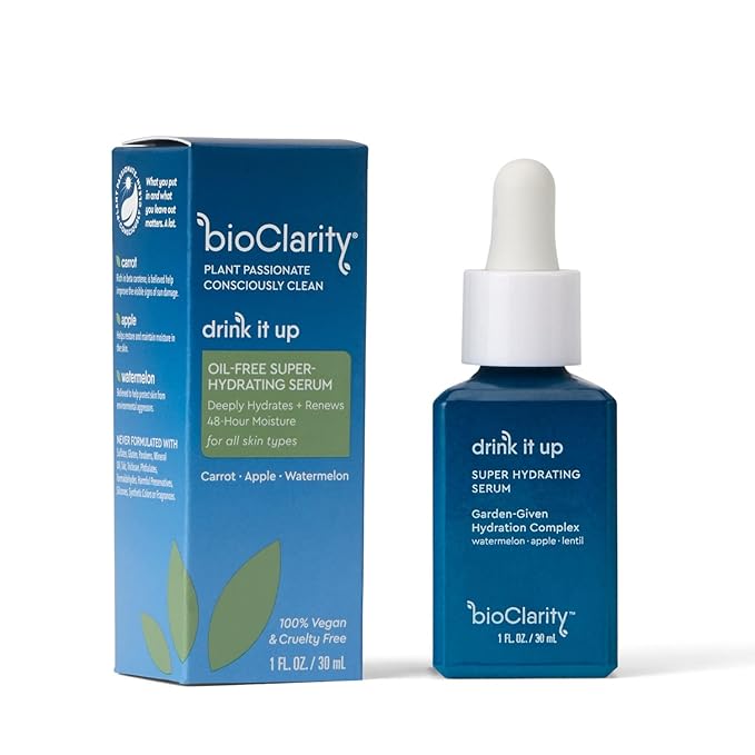 BioClarity Oil-Free Deep Hydrating Serum, 100% Vegan, Non-Toxic, Long-Lasting Hydration, With Vitamin E, Lentil & Watermelon, Lightweight Moisturizing Formula for All Skin Types, 1 fl. oz.