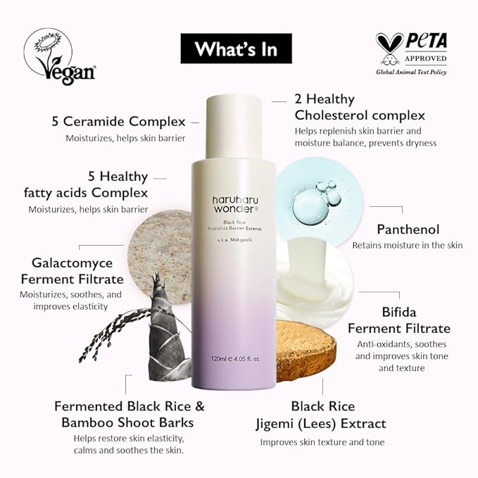 haruharu Wonder Black Rice Probiotics Barrier Essence 4.05 fl. oz., Essence Toner to Strengthen Skin Barrier with Ceramides, Fermented Ingredients, Milky Essence, Moisturizing, Plumping