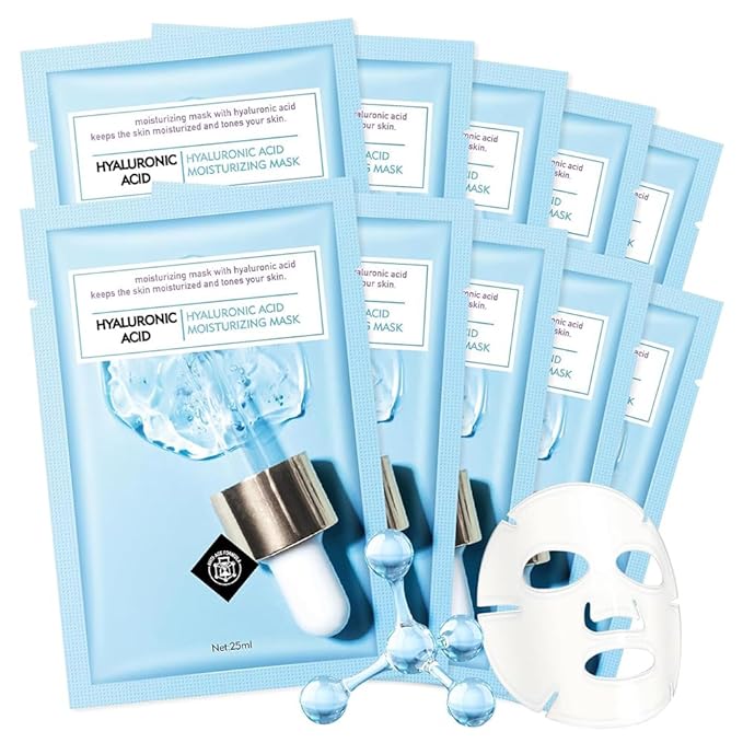 10 Sheets Face Mask Skincare Hyaluronic Acid Face Masks, Hydrating Face Masks Skin Care, Deeping Moisturizing Facial Masks for All Skys Types, Smoothing Party Spa Gift for Women
