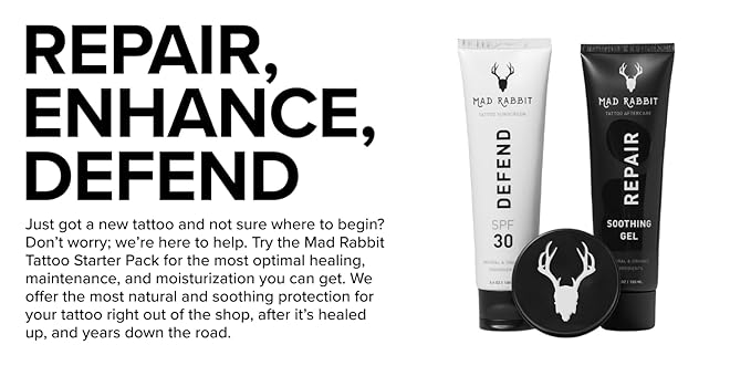 Mad Rabbit Tattoo Care Bundle Kit (3-Piece) Repair Soothing Gel, Enhance Balm & Defend SPF 30 Sunscreen - Full Coverage Tattoo Care Kit for New & Current Tattoos