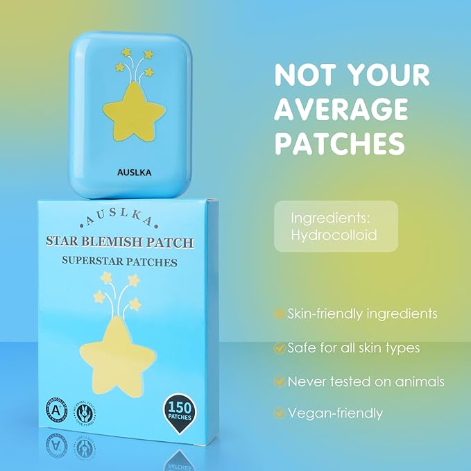 AUSLKA Star Pimple Patches - 150 Count - Hydrocolloid Pimple Patches,Cute Star Shape, Blue Colors,Spot Stickers For Face And Skin,Temporary Mirror