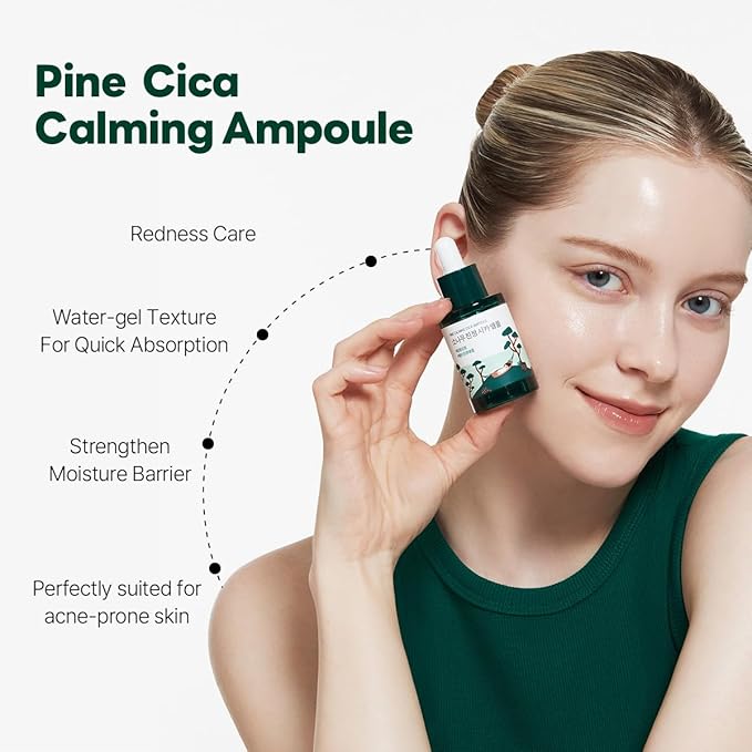 ROUND LAB Pine Calming Cica Ampoule 1.01 Fl Oz, Hydrating and Soothing Serum with Pine Cica and Hyaluronic Acid for Skin Barrier Strengthening, Gentle Exfoliation, and Deep Moisture, Korean Skincare