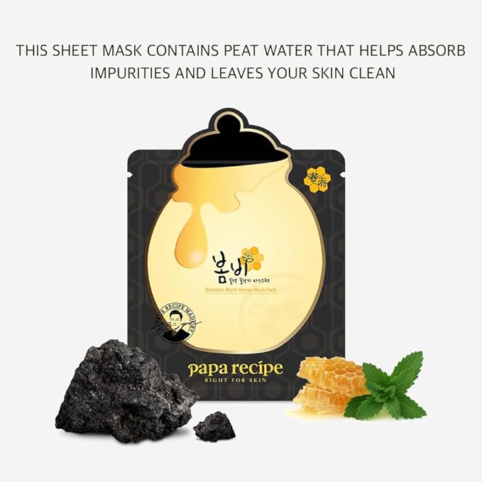 Papa Recipe Bombee Honey Mask Pack 25g * 10 sheets - Sheet Mask, Facial Skin Care, Korean Skin Care, K-Beauty, Ampoule Solidified, For radiant skin (Black)