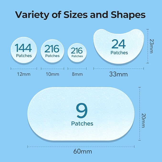 TKTK 609 Count Pimple Patches for Face, Hydrocolloid Acne Patch Bulk, Acne Stickers for Covering Cheeks, Forehead, Chin Blemishes Zit Breakouts for All Skin Types (Dots, Strip, Contoured 5 Sizes)