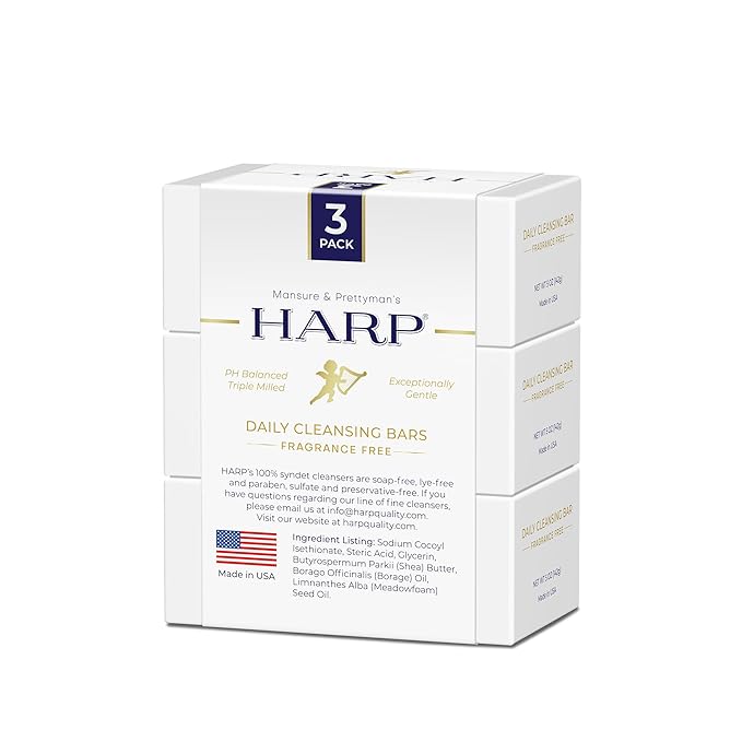 HARP pH-Balanced (5.0-6.0) Body Wash Bar - Soap-Free - Exceptionally Gentle For Dry or Sensitive Skin + Shea Butter + Borage oil | Non-Comedogenic | FRAGRANCE FREE (No Masking agents added)