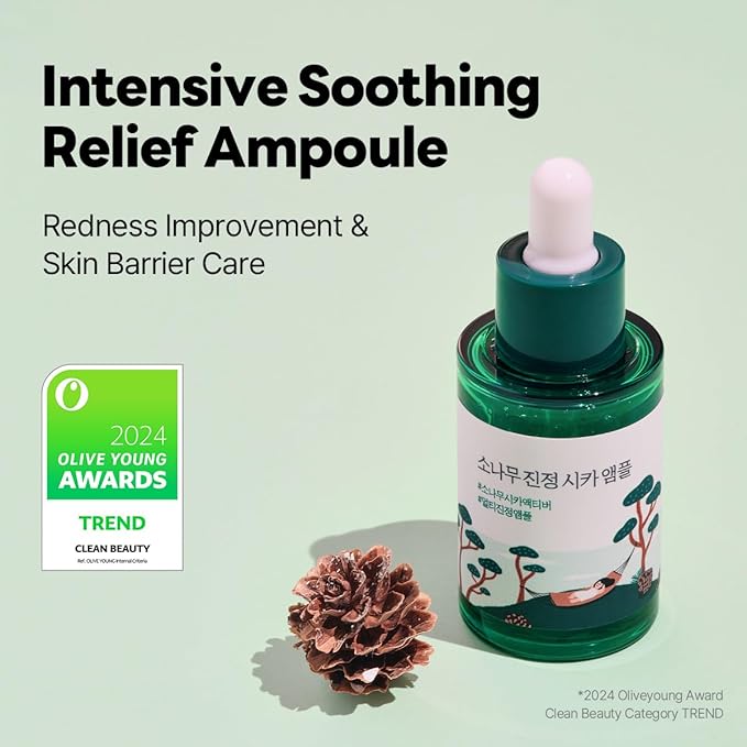 ROUND LAB Pine Calming Cica Ampoule 1.01 Fl Oz, Hydrating and Soothing Serum with Pine Cica and Hyaluronic Acid for Skin Barrier Strengthening, Gentle Exfoliation, and Deep Moisture, Korean Skincare